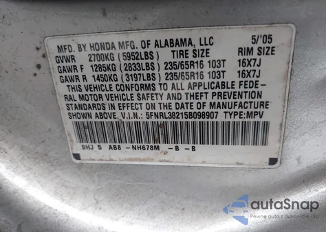 2005 Honda Odyssey Lx из США, поврежденный, VIN 5FNRL38215B098907